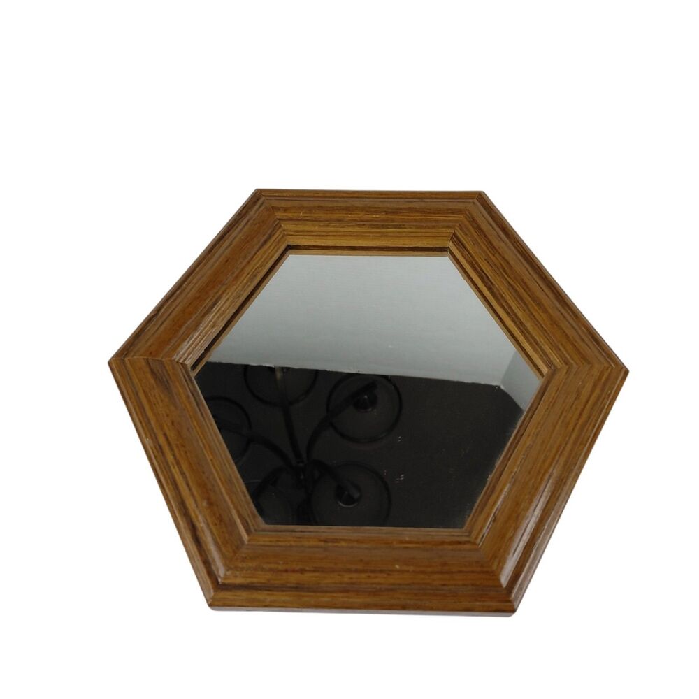 Vtg Oak Wooden Framed Hexagon  Mirror Cottagecore 8.5"